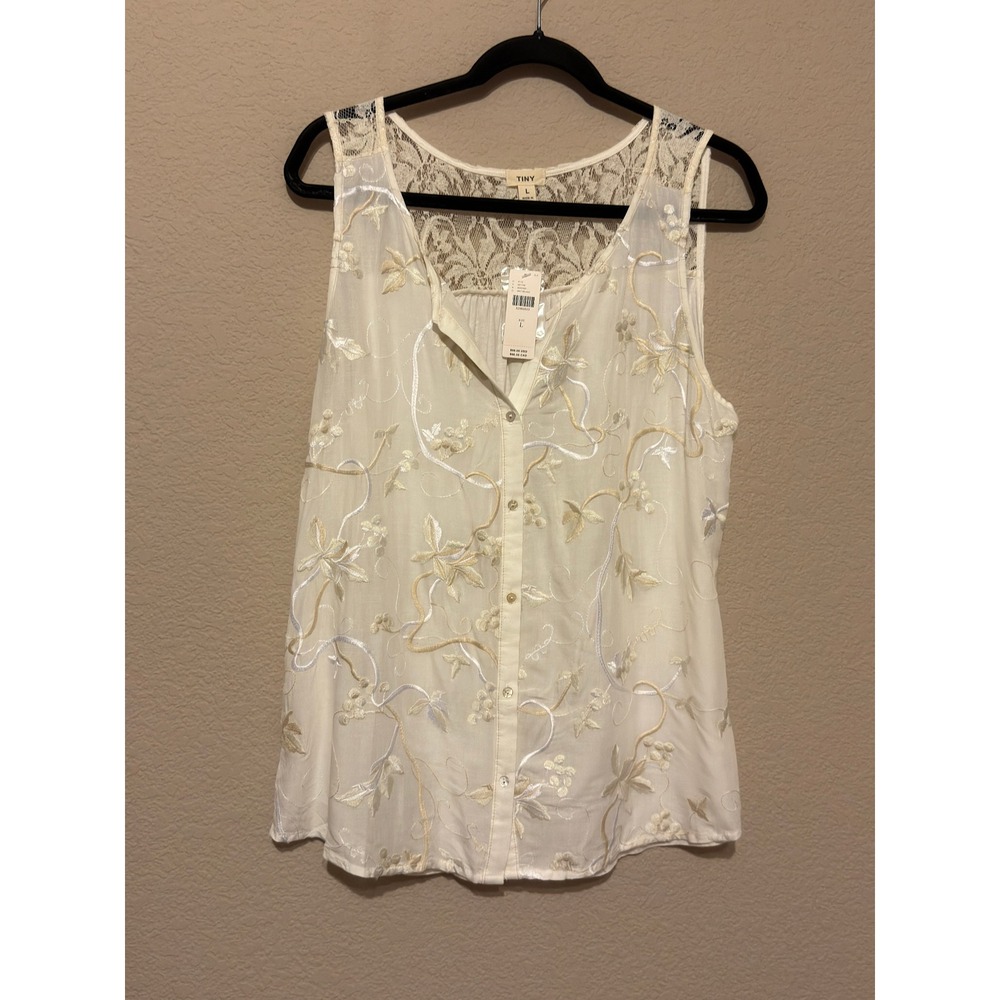 Anthropologie TINY Embroidered Lace Button Front Tank Top Blouse Ivory Large NWT